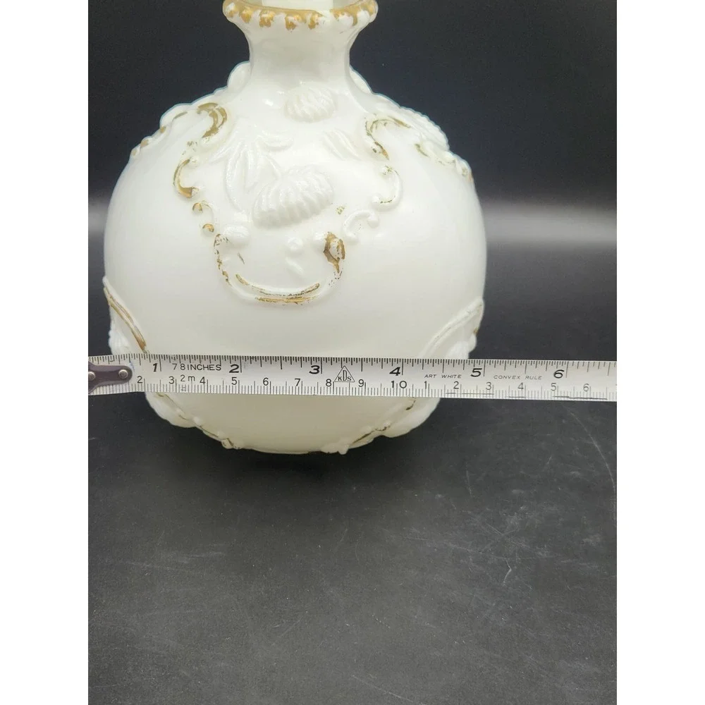 Set Of 2 Antique Milk Glass Vanity Bottles With Stoppers Gold Trim
